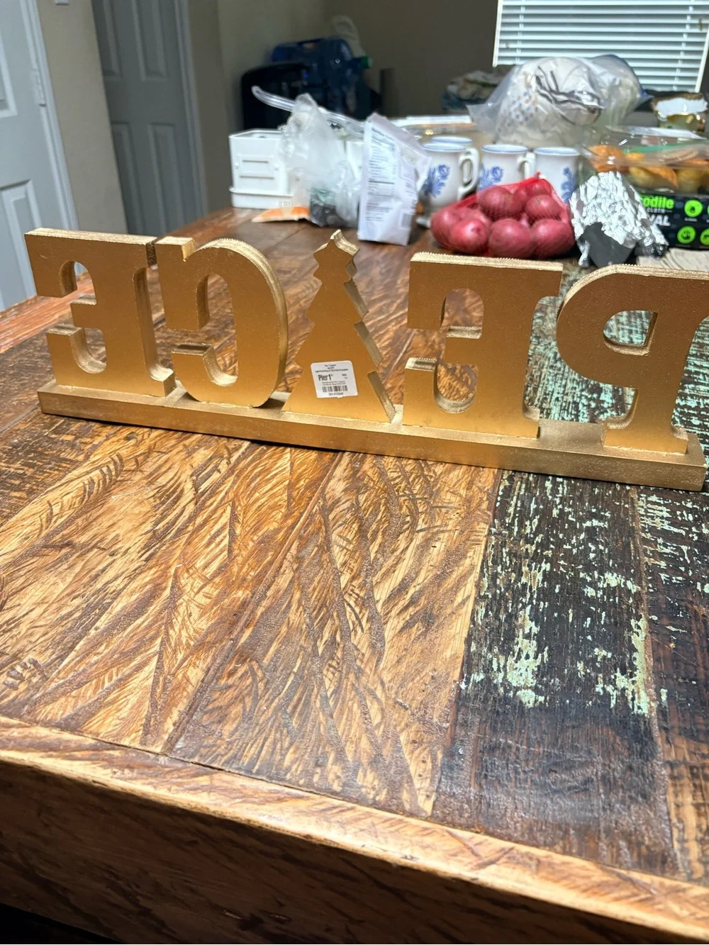 Pier 1 Gold, Green & Red Embellished Beaded Peace, Tree Wood Decor 21”X6”